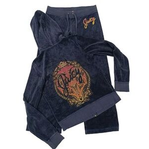 Vintage Blue Juicy Couture Tracksuit Matching Set Large Small Jacket Pants Y2k